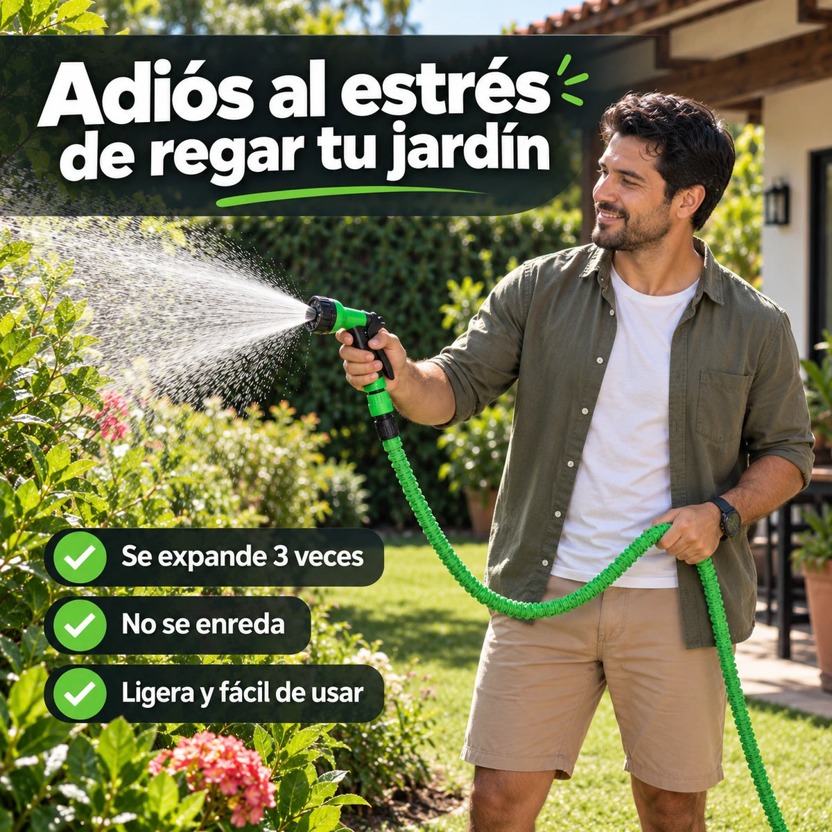 Hombre regando su jardín con una manguera expandible verde