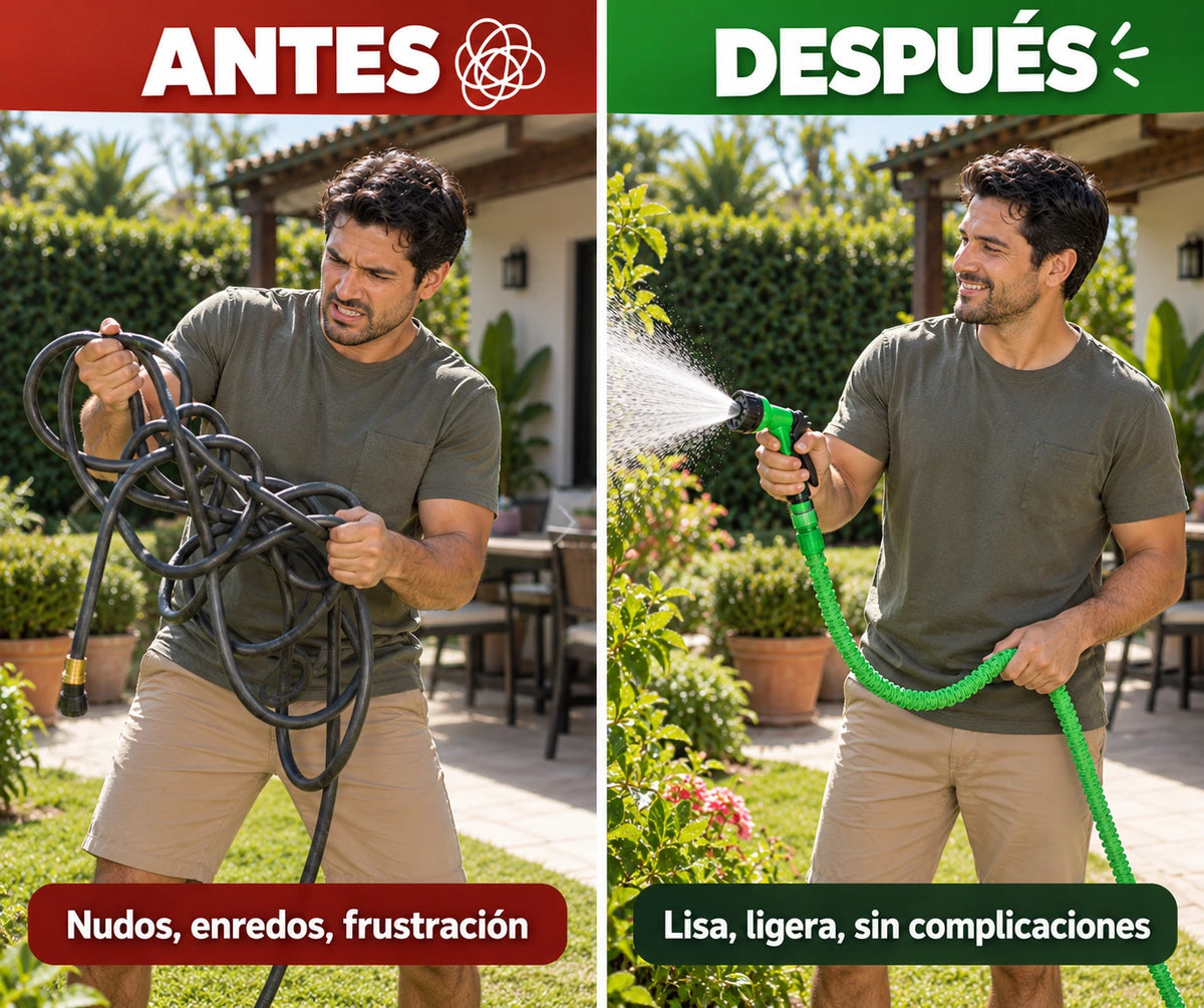Antes y después: manguera enredada frente a manguera expandible