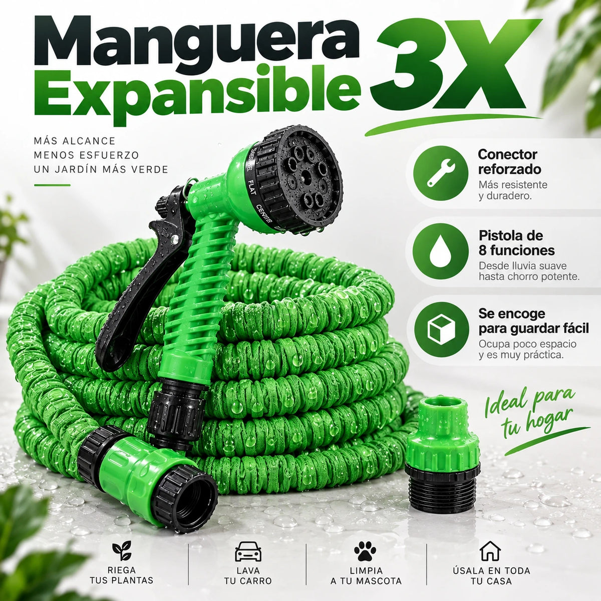 Manguera expandible 3X con pistola de 8 funciones y conector reforzado