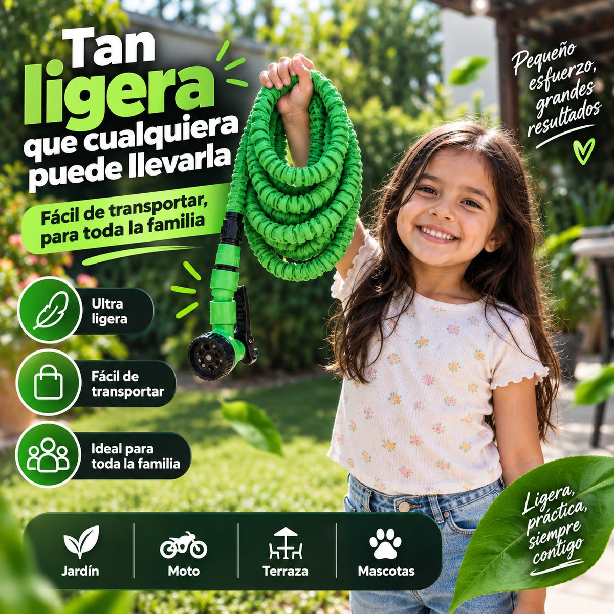 Niña cargando la manguera expandible porque es muy ligera